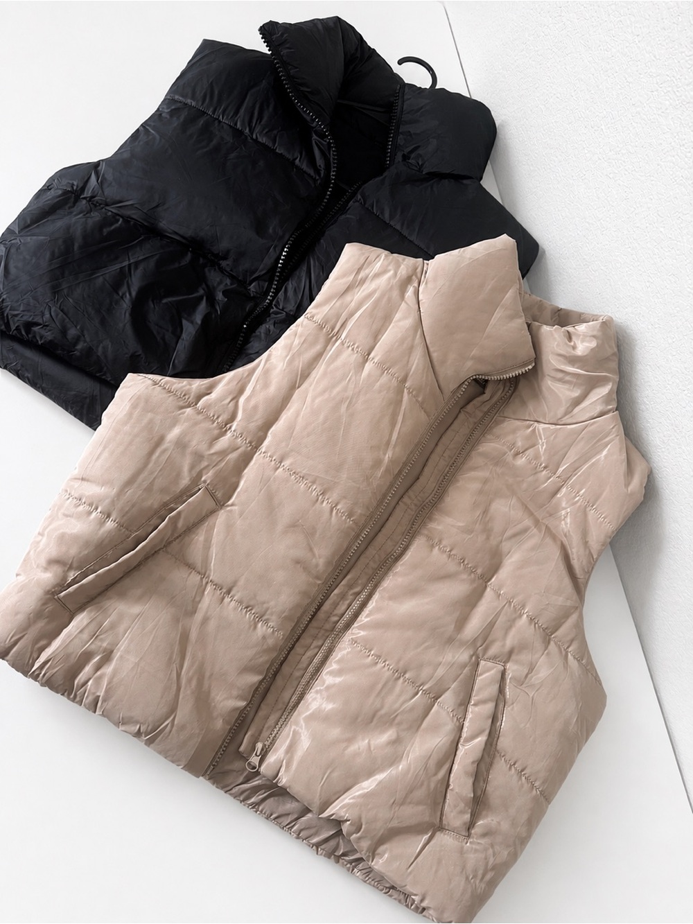 Womens Quilted Puffer Vest - Black & Beige